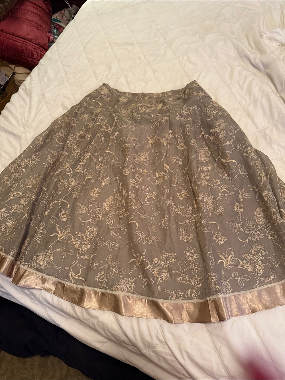 Coldwater Creek Taupe Floral Embroidered Circle Skirt with Metallic Trim